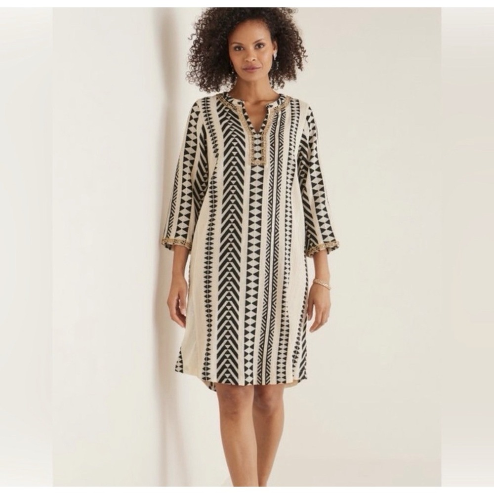 Soft Surroundings Rhea Aztec Caftan Dress Size S Beige Black‎ Embellished *READ*